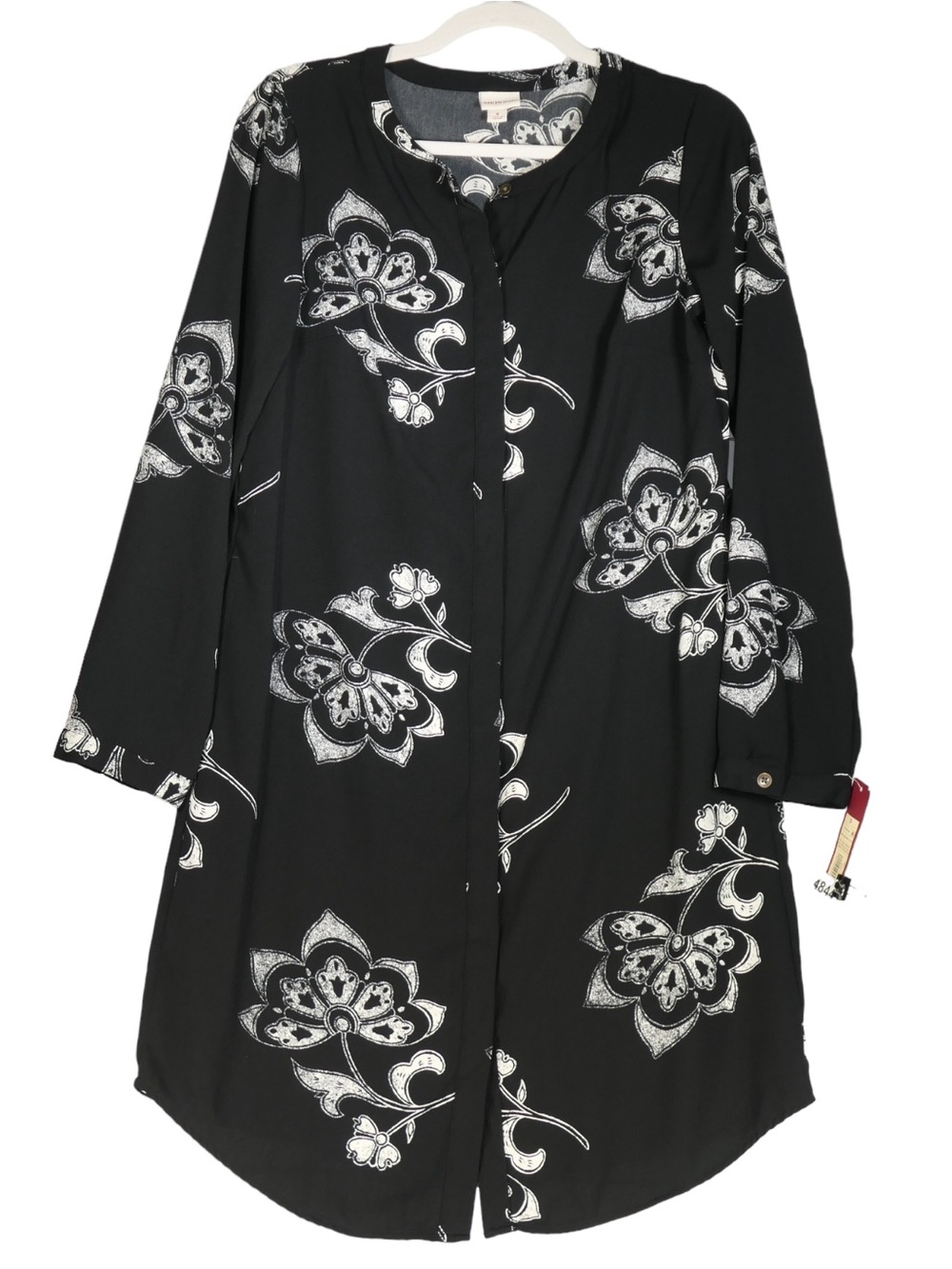 Merona Long Sleeve Black Tunic Dress with White Floral Print and Belt Tie Waist